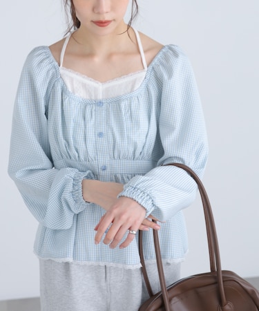 レイヤード風ギンガムチェックペプラムブラウス