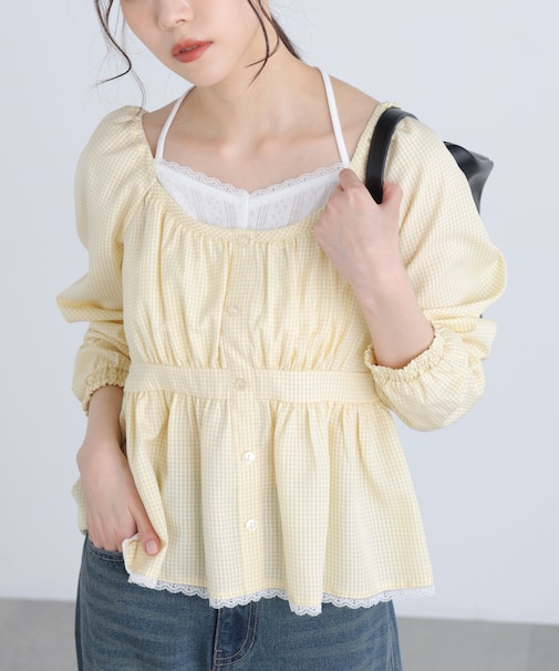 レイヤード風ギンガムチェックペプラムブラウス