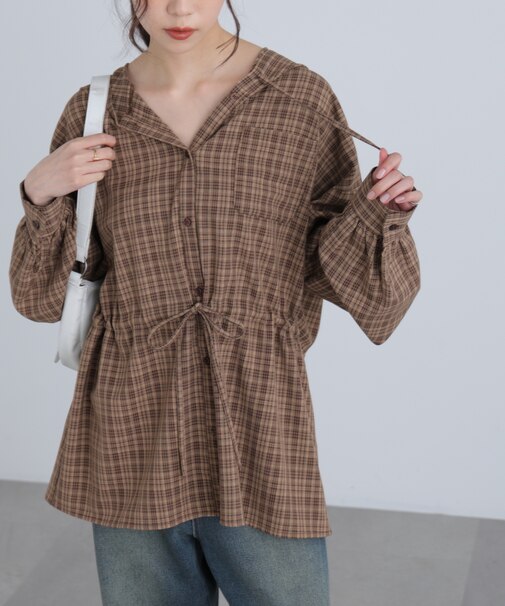 ウエストドロストフーディー前開きブラウス