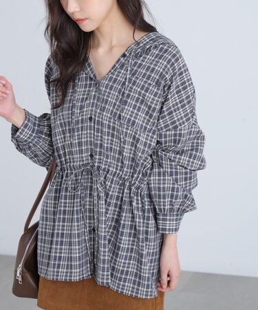 ウエストドロストフーディー前開きブラウス