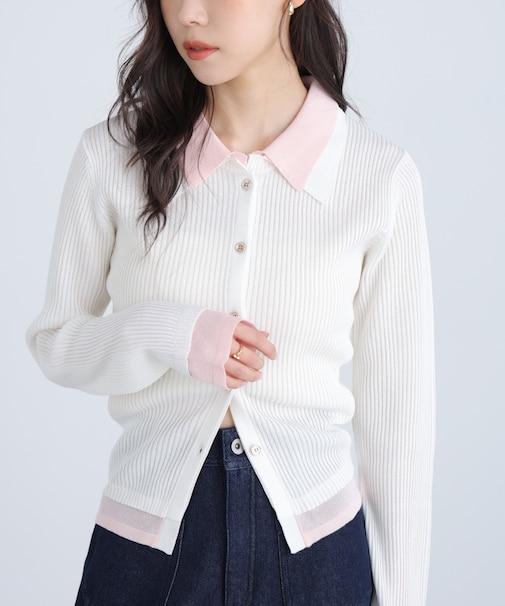 レイヤー襟ポロリブニット〈MFM〉