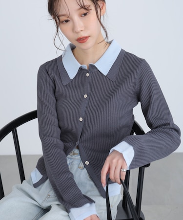 レイヤー襟ポロリブニット〈MFM〉