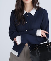 レイヤー襟ポロリブニット〈MFM〉