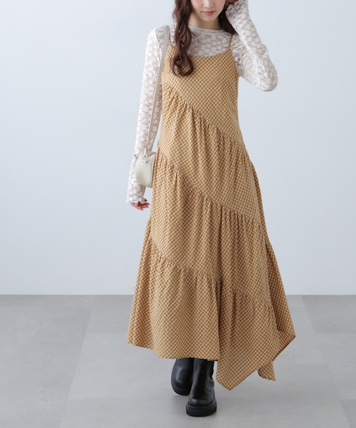 チェック柄エスカルゴティアードキャミワンピース