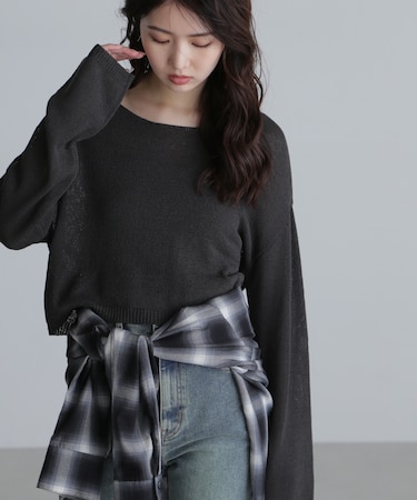 透かしあみ天竺短丈ニット