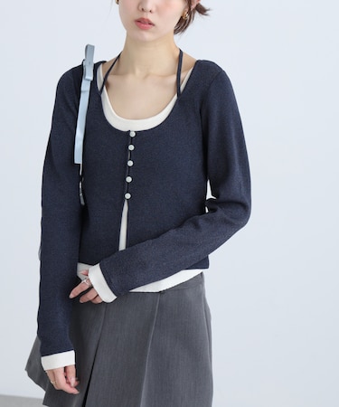 キャミレイヤードクルーネックニット