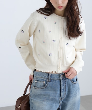 フラワー刺繍針抜きニットカーディガン