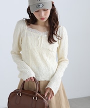 レーストリムジャガード長袖カットソー