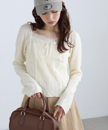 レーストリムジャガード長袖カットソー