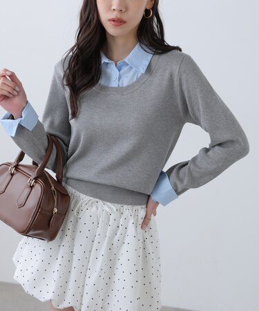 シャツレイヤードクルーネックニット