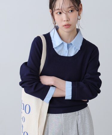 シャツレイヤードクルーネックニット