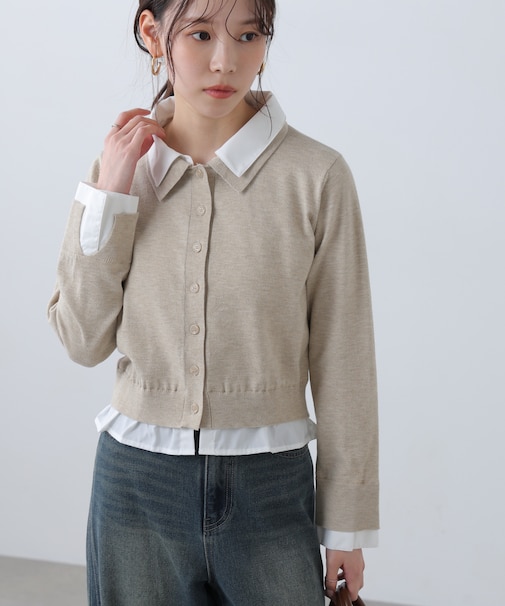 シャツフェイクレイヤードポロカーディガン