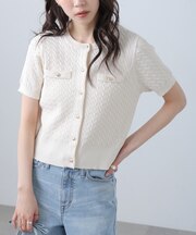 ケーブル金ボタン半袖ニットカーディガン