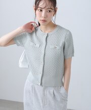 ケーブル金ボタン半袖ニットカーディガン