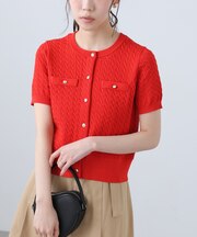 ケーブル金ボタン半袖ニットカーディガン