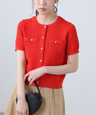 ケーブル金ボタン半袖ニットカーディガン