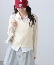 シャツフェイクレイヤード深Uネックカットソー