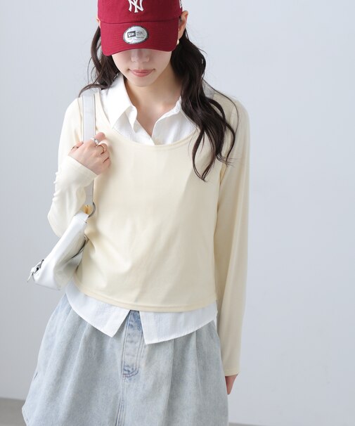 シャツフェイクレイヤード深Uネックカットソー