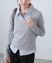 シャツフェイクレイヤード深Uネックカットソー
