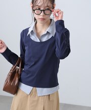 シャツフェイクレイヤード深Uネックカットソー