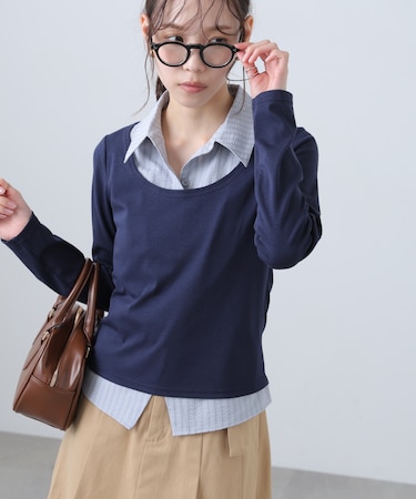 シャツフェイクレイヤード深Uネックカットソー