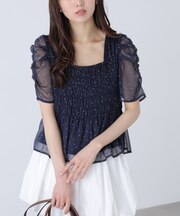 フロッキードットシャーリングペプラムブラウス