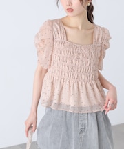 フロッキードットシャーリングペプラムブラウス