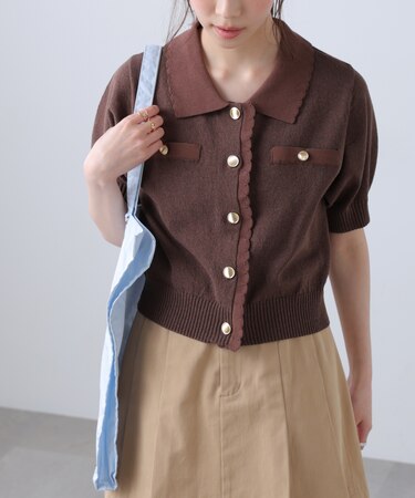 衿付きミニブークレ半袖カーディガン