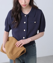 衿付きミニブークレ半袖カーディガン