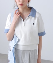 衿付きレイヤード風半袖ポロニット