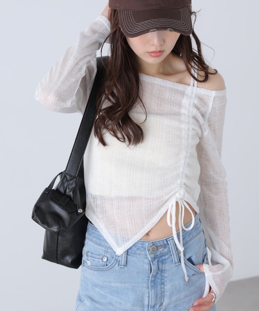 シアーストライプワンショルシャーリングカットソー