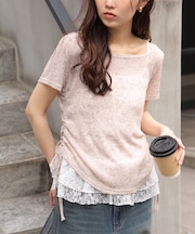 メランジドロスト半袖レースティアードキャミセット