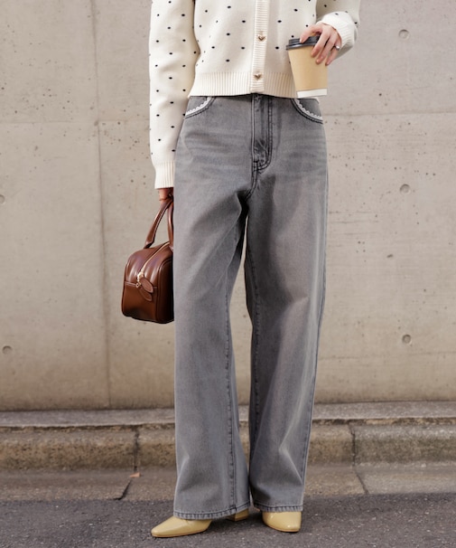 レーストリミングワイドストレートデニム