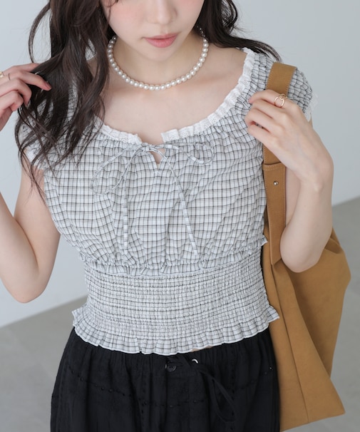 2wayオフショルチェックブラウス