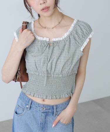 2wayオフショルチェックブラウス