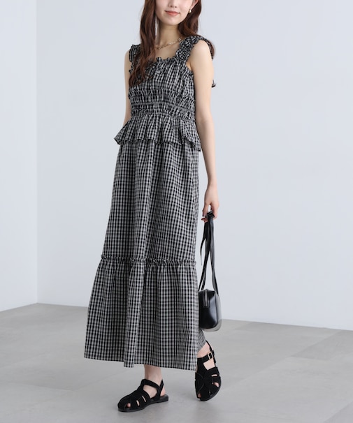 シャーリングティアードチェックキャミワンピース