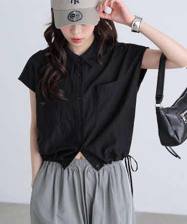 フレンチスリーブ裾ドロストシャツ