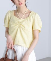 フロントギャザーネックリボン付き半袖ブラウス