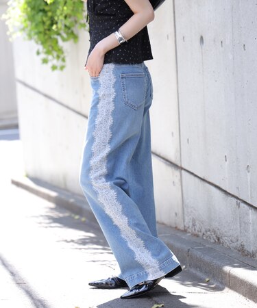 [低身長サイズ／Sシリーズ]ベーシックワイドサイドレースデニムパンツ