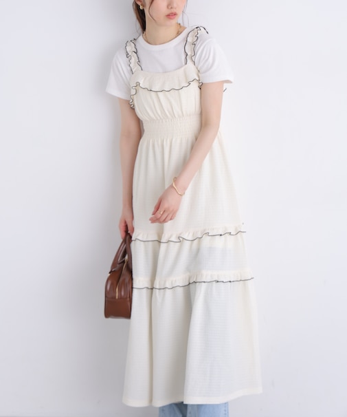 配色メローフリルカットジャガードワンピース
