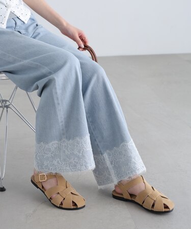 [低身長サイズ／Sシリーズ]ベーシックワイド裾レースデニムパンツ
