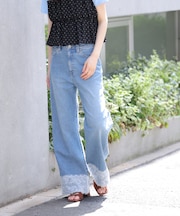 [低身長サイズ／Sシリーズ]ベーシックワイド裾レースデニムパンツ