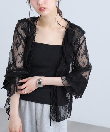 前開き長袖フリルレースブラウス