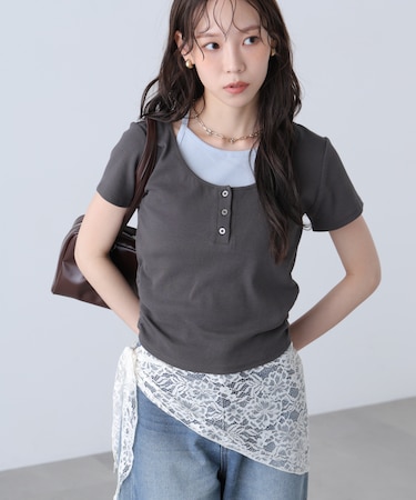 インナーレイヤードボーダーヘンリーネックTシャツ