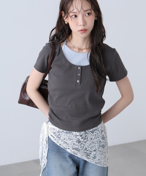 インナーレイヤードボーダーヘンリーネックTシャツ
