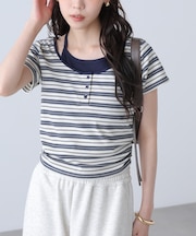 インナーレイヤードボーダーヘンリーネックTシャツ