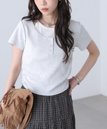 インナーレイヤードボーダーヘンリーネックTシャツ