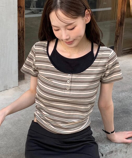 インナーレイヤードボーダーヘンリーネックTシャツ