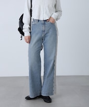 [低身長サイズ／Sシリーズ]ベーシックワイドサイドレースデニムパンツ