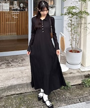 カットジャガード長袖ポロワンピース